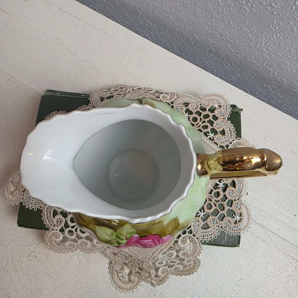 Vintage Lefton Hand‎ Painted Rose Porcelain Pitcher Green Gold Gilt Scallop Rim